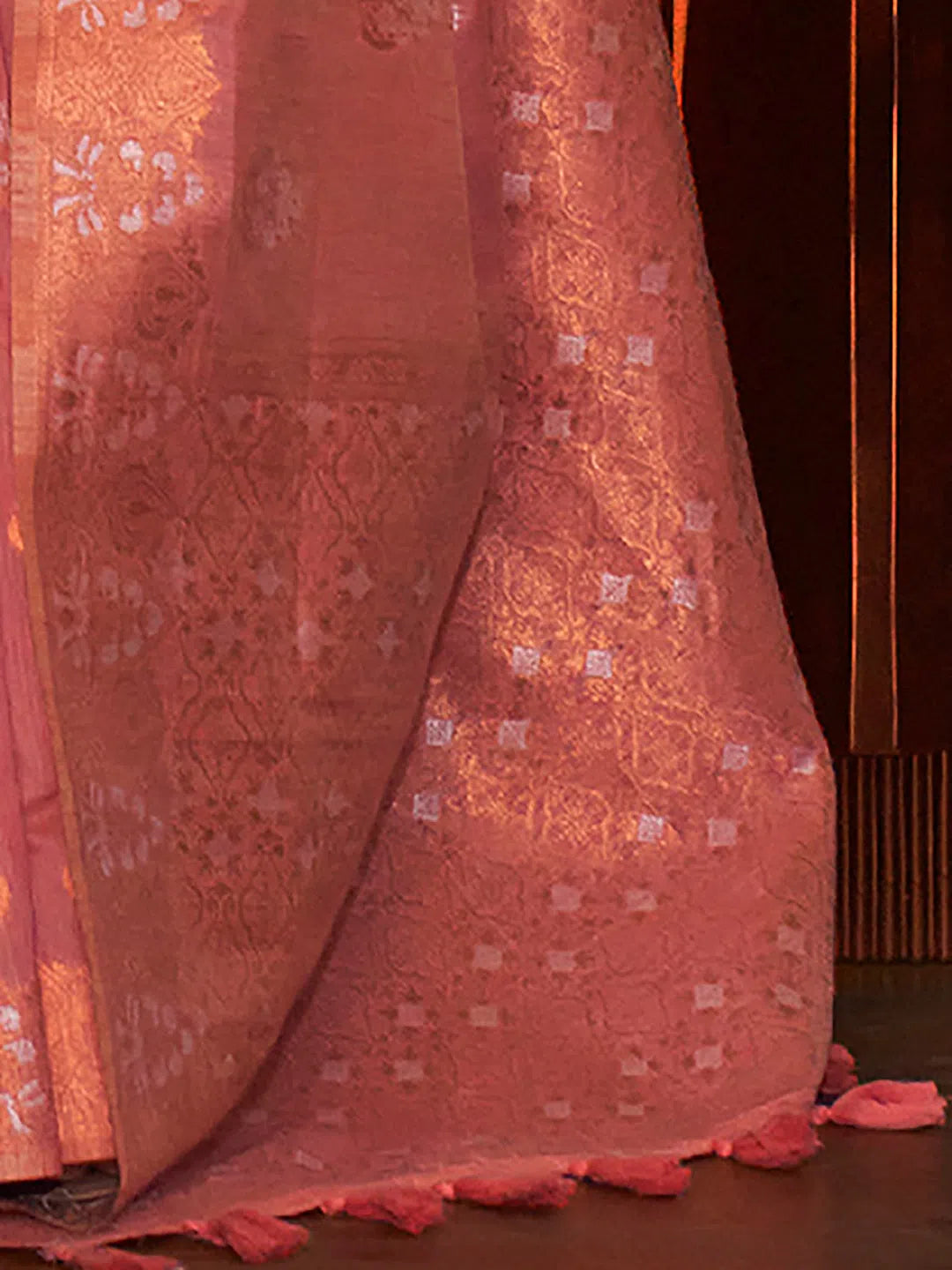Saree Mall Women's Pure Linen Pink Woven Design Designer Saree With Blouse Piece-KLSIMA316003 Pleated Collar Blouse