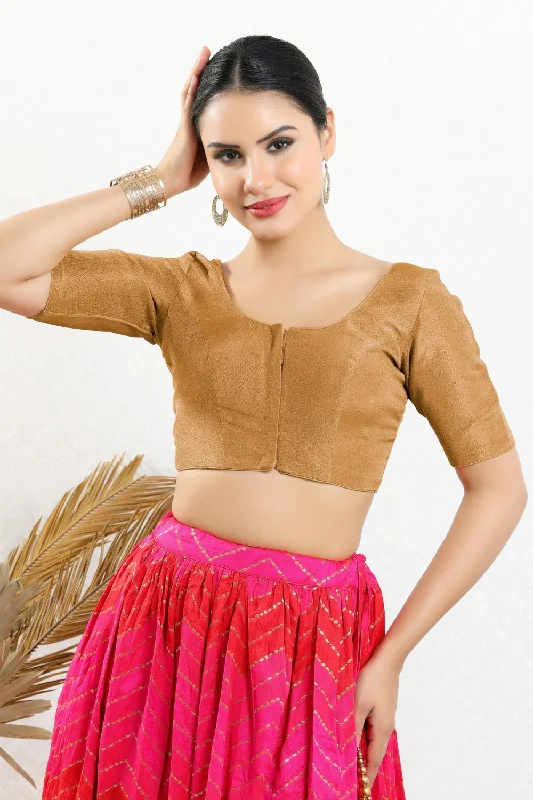 Copper Shimmer Solid Elbow Sleeves Blouse Semi-Sheer Blouse