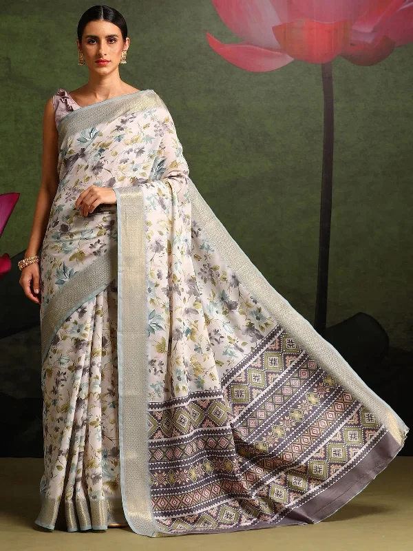 Saree Mall Women's  Blend White Printed Celebrity Saree With Blouse Piece-FLWRVELY104 Flowy Bohemian Blouse