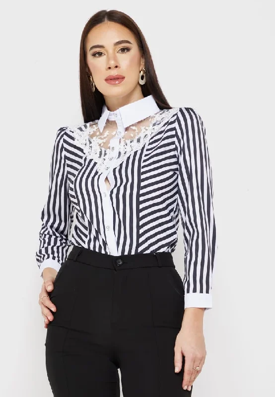 Lace Panel Striped Shirt S4636618-- Asymmetrical Pockets Print