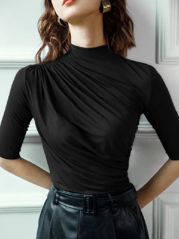 ZANZEA Womens Soft Modal T-shirt Half Sleeve Turtleneck Women's Top Spring & Autumn Causal Lady Clothings Solid color basic shirt L S4795213-- Terry Blend Velvet Blend Canvas Blend