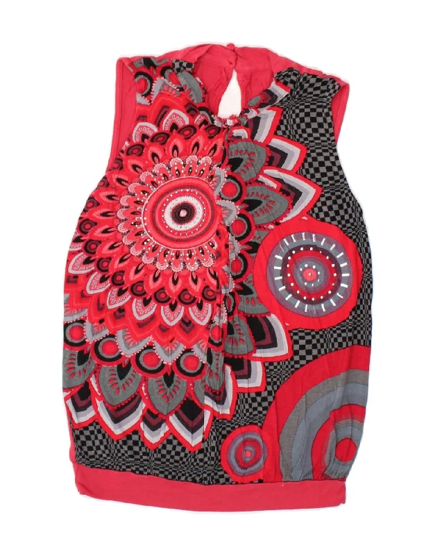 DESIGUAL Womens Sleeveless Blouse Top UK 10 Small Red Floral Mandarin Collar Blouse
