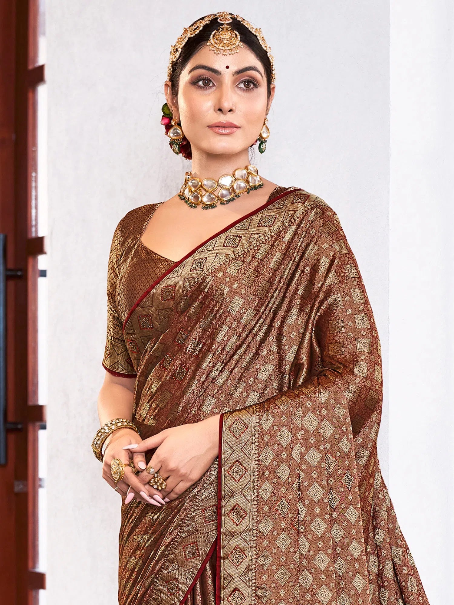 Saree Mall Women's Pure  Brown Embellished Designer Saree With Blouse Piece-KLKRUTI4138 Elegant Lace Blouse