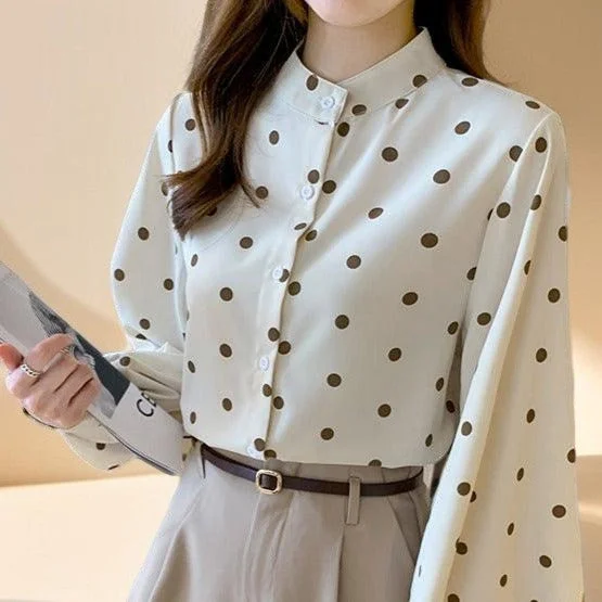 Polka Dot Stand-Up Collar Lantern Sleeve Shirt-- Lace Blend Ribbed Blend Corduroy Blend