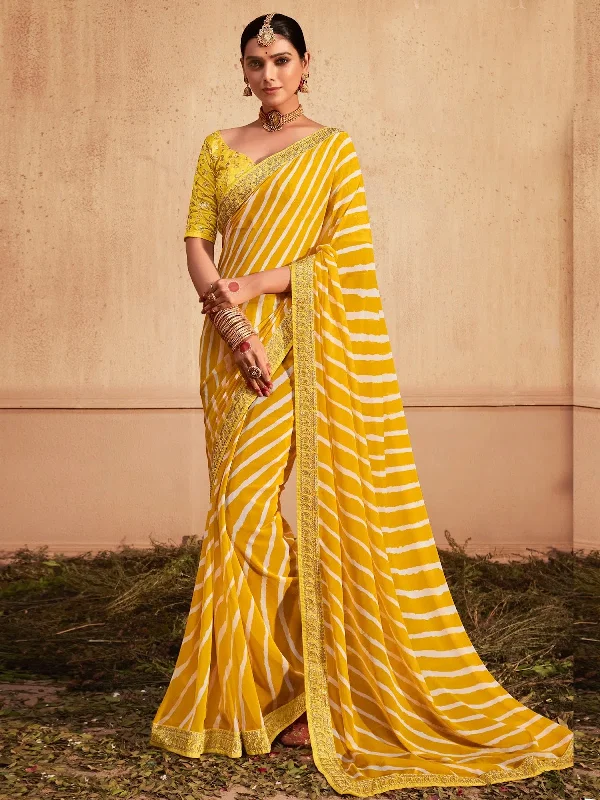 Saree Mall Women's Georgette Yellow Zari Embroidered Designer Saree With Blouse Piece-VIHANA1034 Feminine Ruffle Blouse