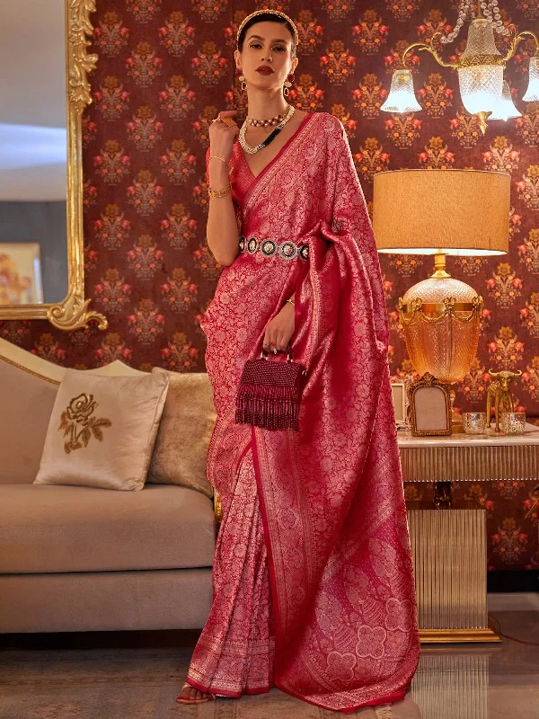 Saree Mall Women's  Blend Pink Woven Design Designer Saree With Blouse Piece-KABBY321003 Floral Print Blouse