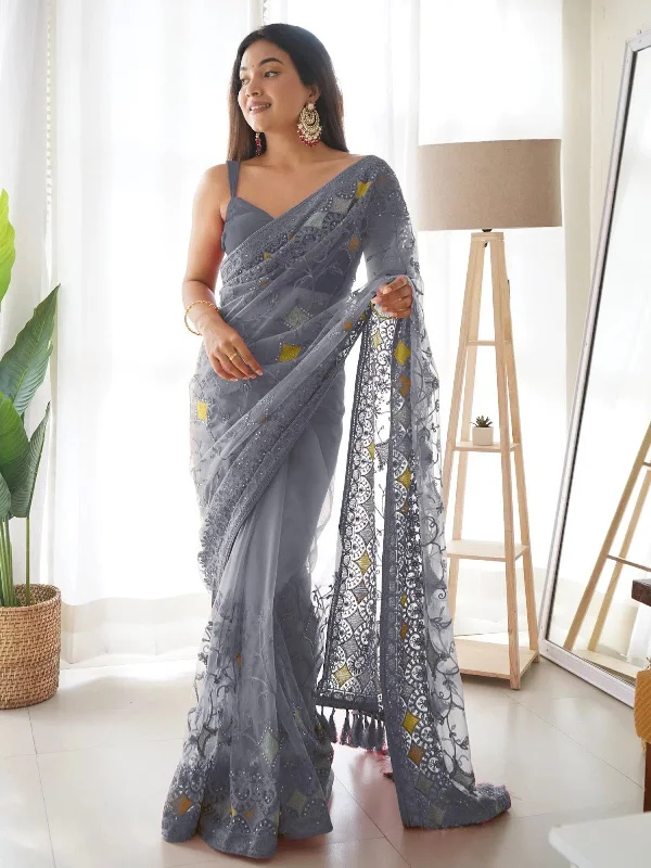 Saree Mall Women's Net Grey Embellished Designer Saree With Blouse Piece-AAVYA703 Frilled Cuff Blouse Saree Mall Women's Net Grey Embellished Designer Saree With Blouse Piece-AAVYA703 Frilled Cuff Blouse