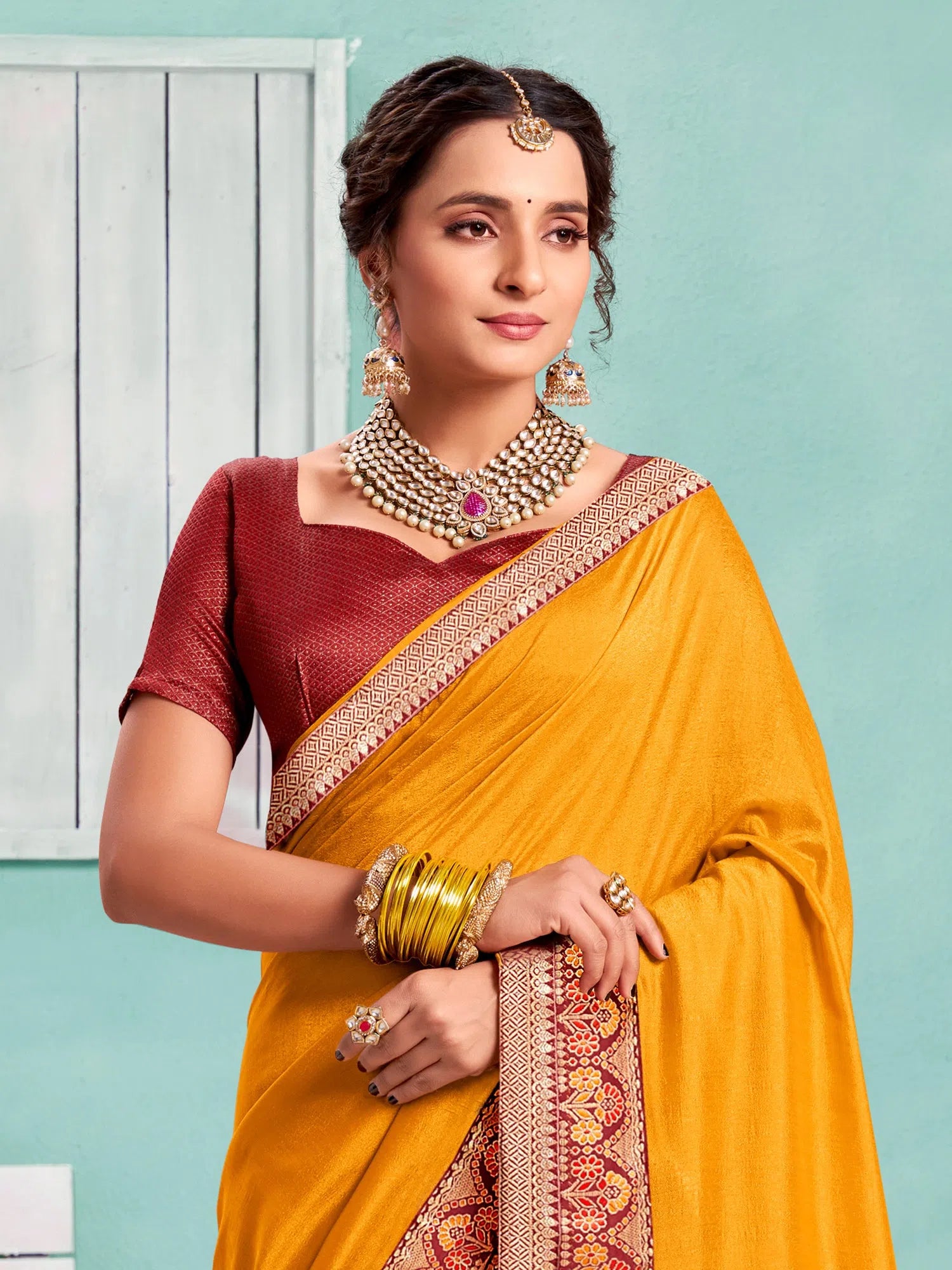 Saree Mall Women's Vichitra  Yellow Embellished Designer Saree With Blouse Piece-KIMORA81608 Boho Printed Blouse