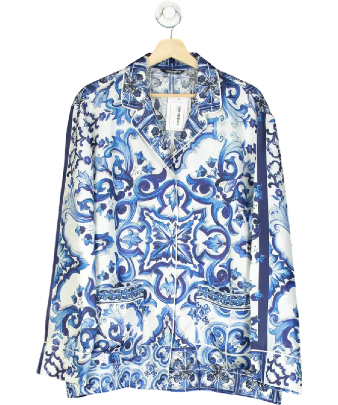 Dolce & Gabbana Blue Majorca Print Double Breasted Silk Shirt UK S-- Collared Crew Neck Turtle Neck