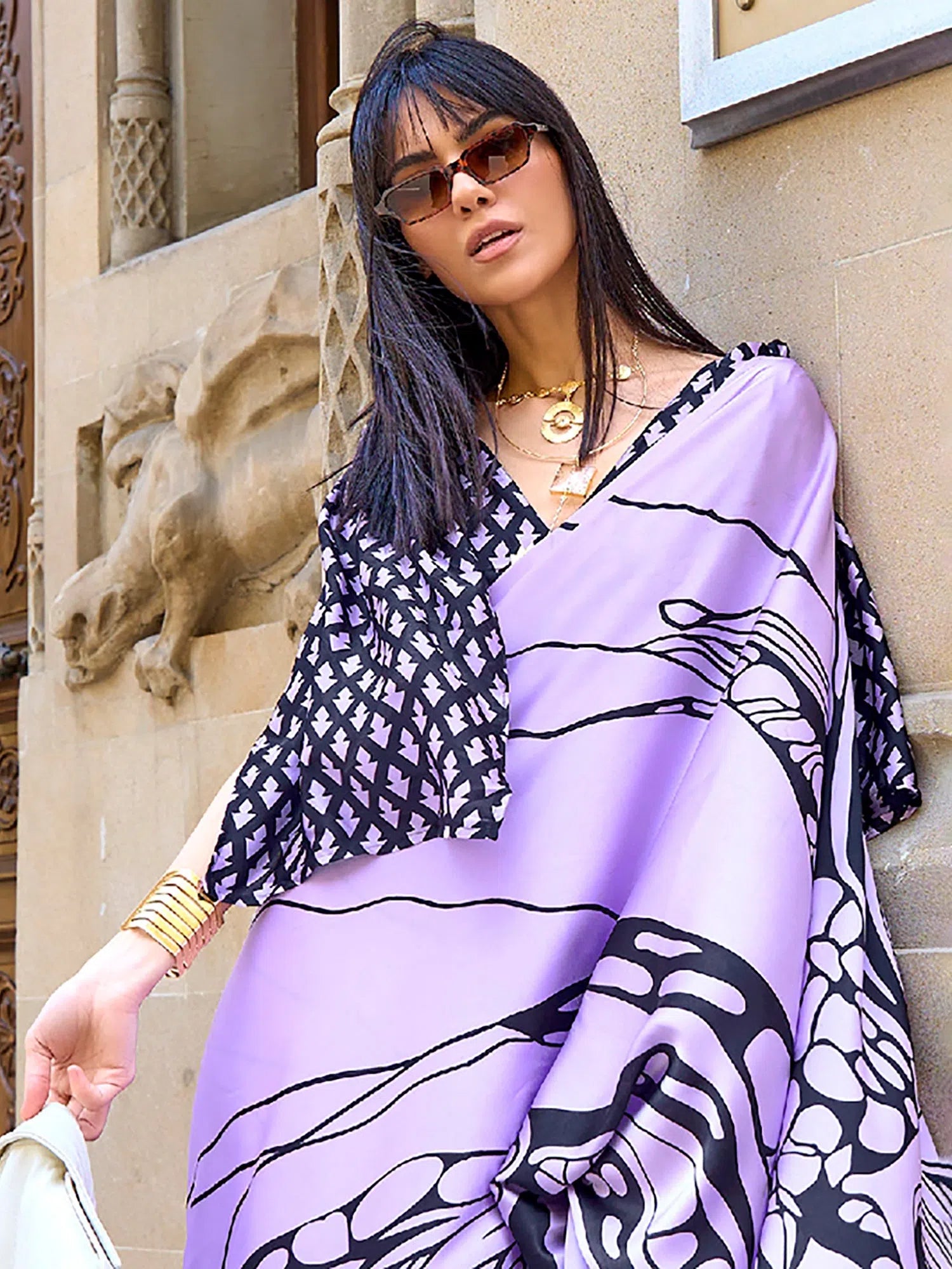 Saree Mall Women's Crepe Lavendar Digital Print Designer Saree With Blouse Piece-KUBIK324005 Peter Pan Blouse