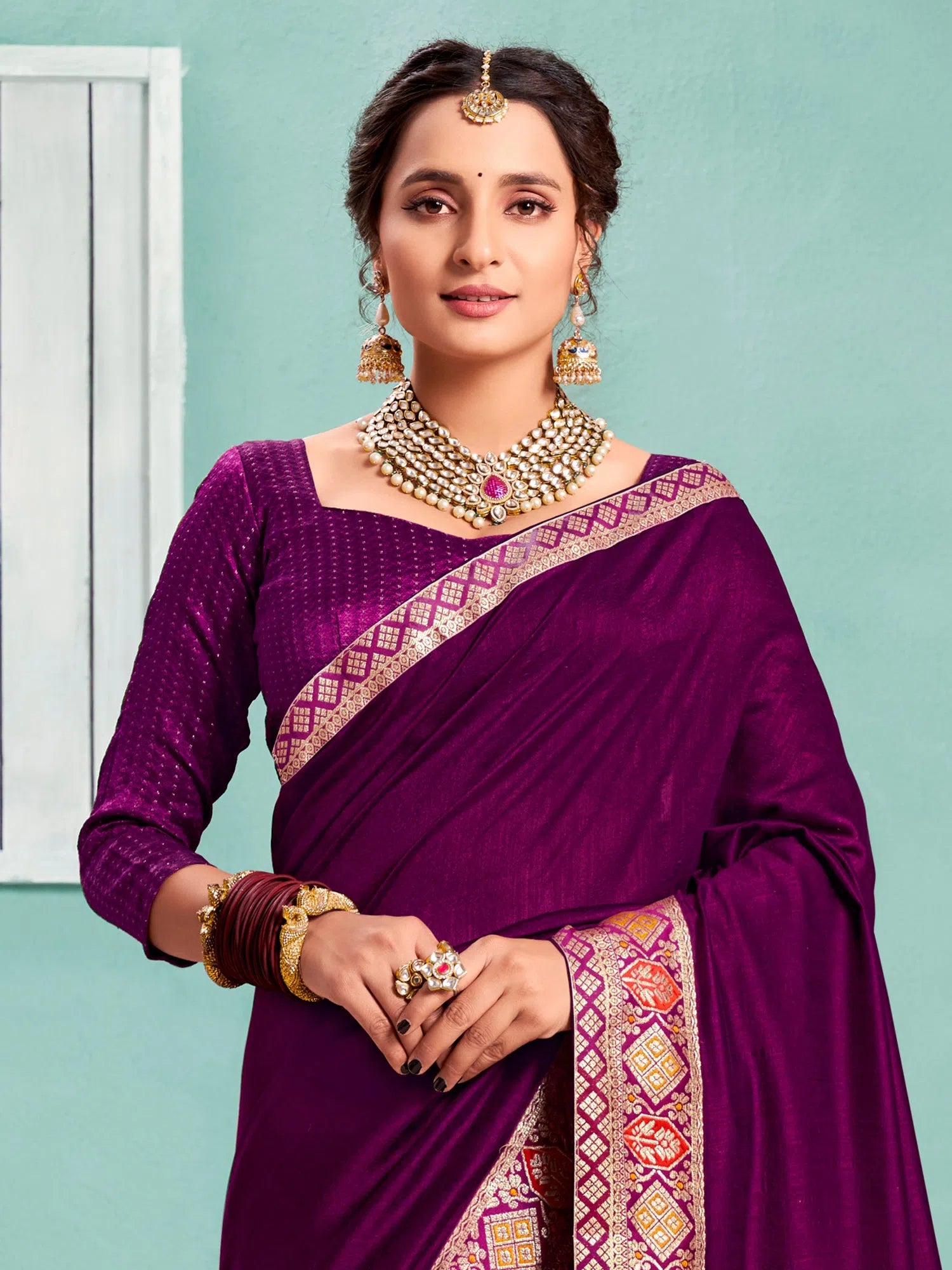 Saree Mall Women's Vichitra  Purple Embellished Designer Saree With Blouse Piece-KIMORA81606 Embroidered Cotton Blouse