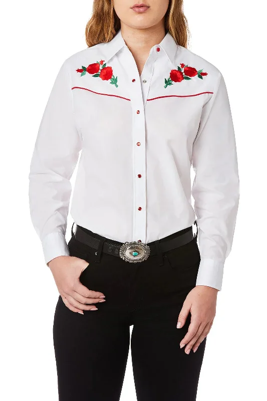 Women's Long Sleeve Western Shirt with Red Rose Embroidery-- Rayon Fabric Velvet Fabric Corduroy Fabric Women's Long Sleeve Western Shirt with Red Rose Embroidery-- Rayon Fabric Velvet Fabric Corduroy Fabric