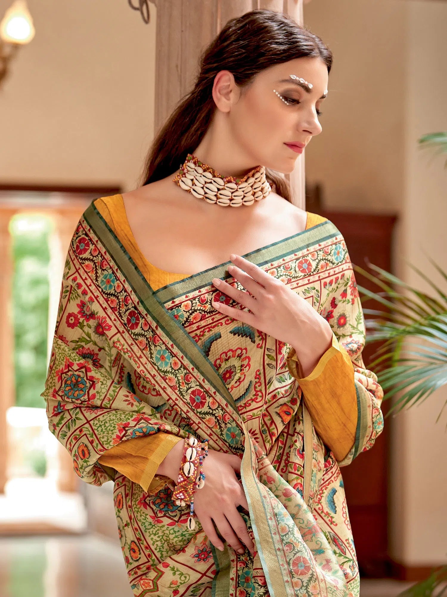 Saree Mall Women's Soft  Beige Printed Designer Saree With Blouse Piece-GRUHAM101 Peter Pan Blouse