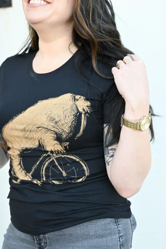 Walrus on a Bike Women's Shirt-- Ribbed T-Shirt High Neck Heavyweight