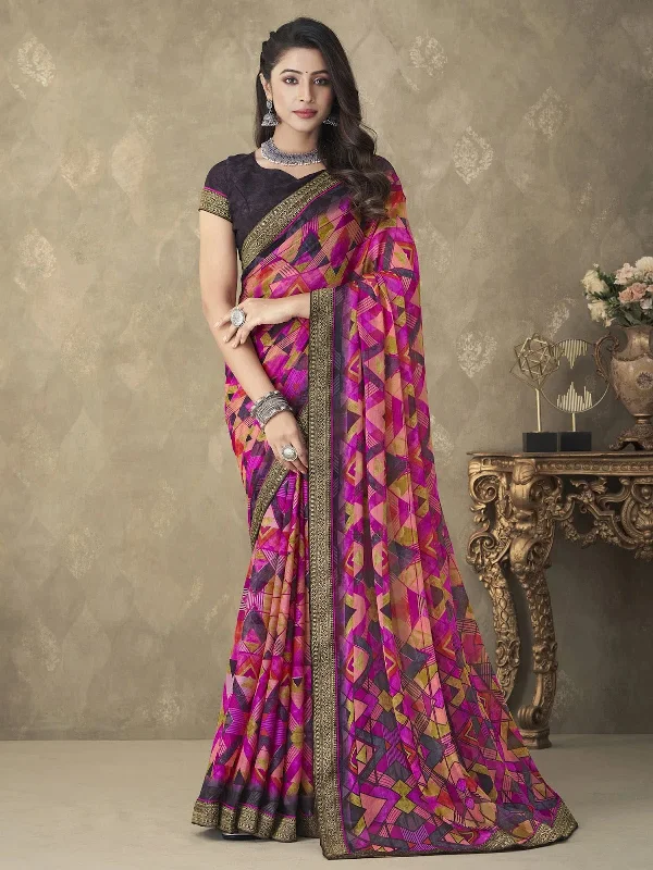 Saree Mall Women's Chiffon Pink Embellished Designer Saree With Blouse Piece-RUCHI24003A Polished Work Blouse