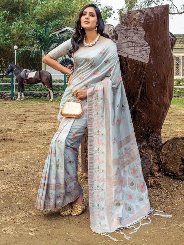 Saree Mall Women's  Blend Grey Woven Design Designer Saree With Blouse Piece-SNGRIA4001 High Neck Blouse