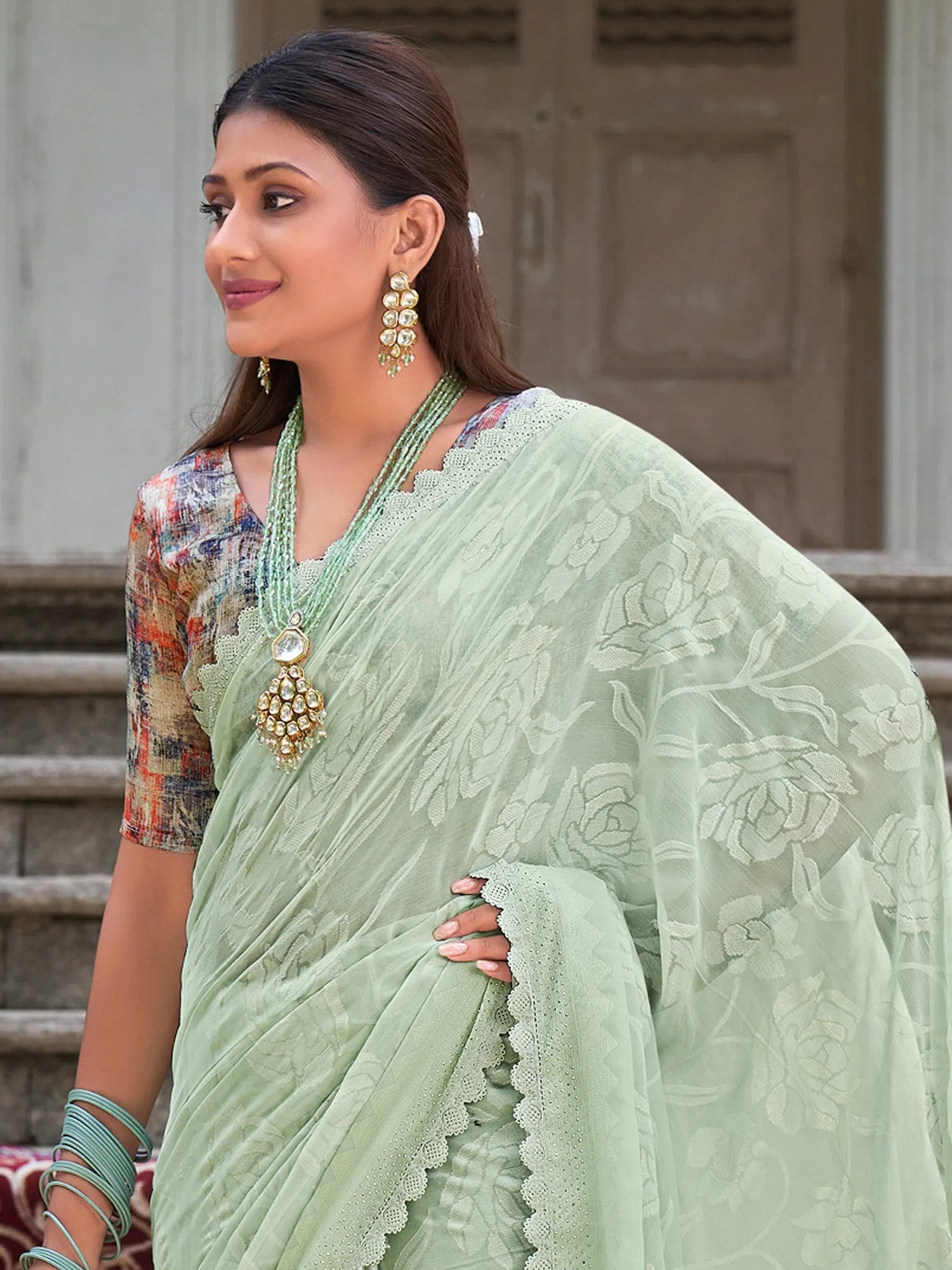 Saree Mall Women's Chiffon Light Green Embellished Designer Saree With Blouse Piece-KINJAL4270 Lightweight Linen Blouse