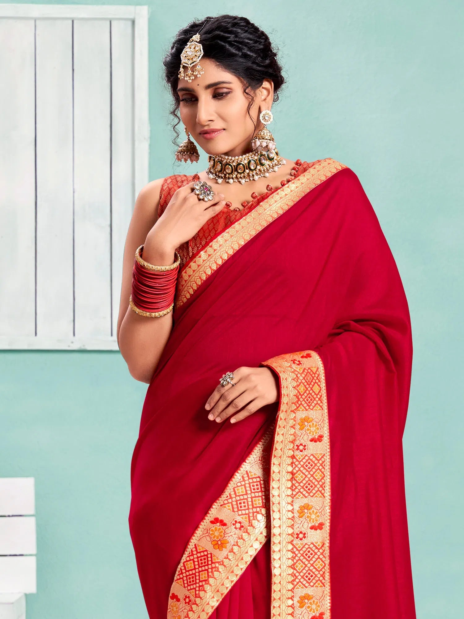 Saree Mall Women's Vichitra  Pink Embellished Designer Saree With Blouse Piece-KIMORA81603 Loose Fit Blouse