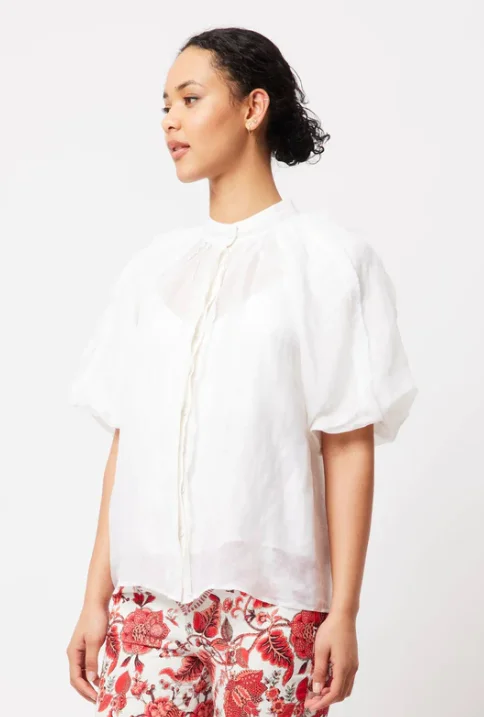 Once Was Occitan Linen Silk Raglan Puff Sleeve Shirt-- Chenille Brocade Lace