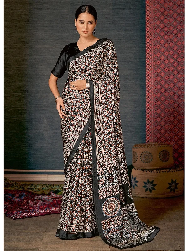 Saree Mall Women's Crepe Black Digital Print Designer Saree With Blouse Piece-AJRKH308 Delicate Pleat Blouse