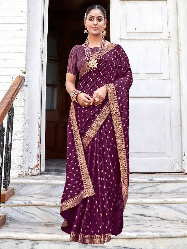 Saree Mall Women's Vichitra  Purple Embellished Designer Saree With Blouse Piece-AMISHA81803 Chic Off-Shoulder Blouse