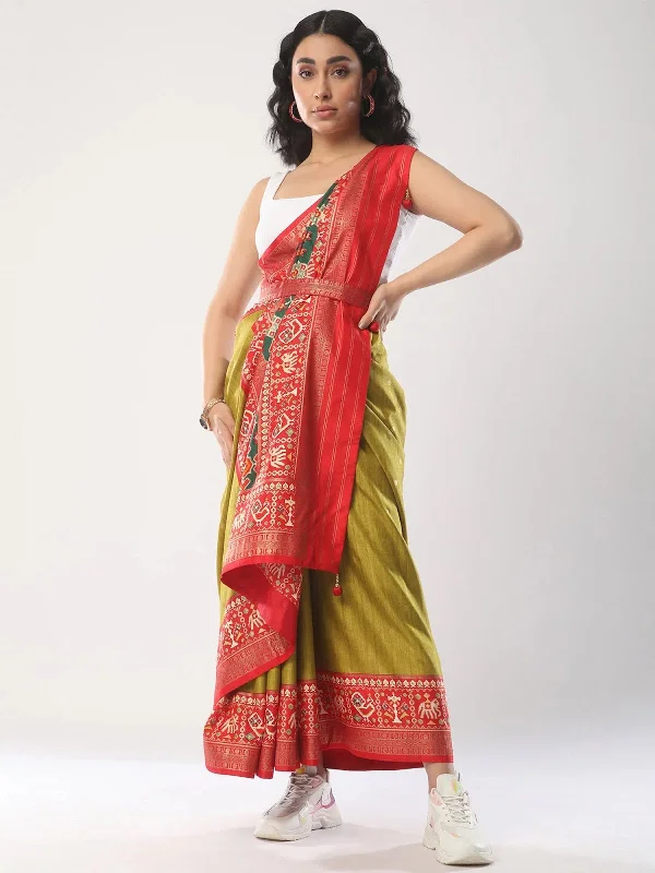 Saree Mall Women's  Blend Olive Woven Design Designer Saree With Blouse Piece-TRITH10016 Double Button Blouse