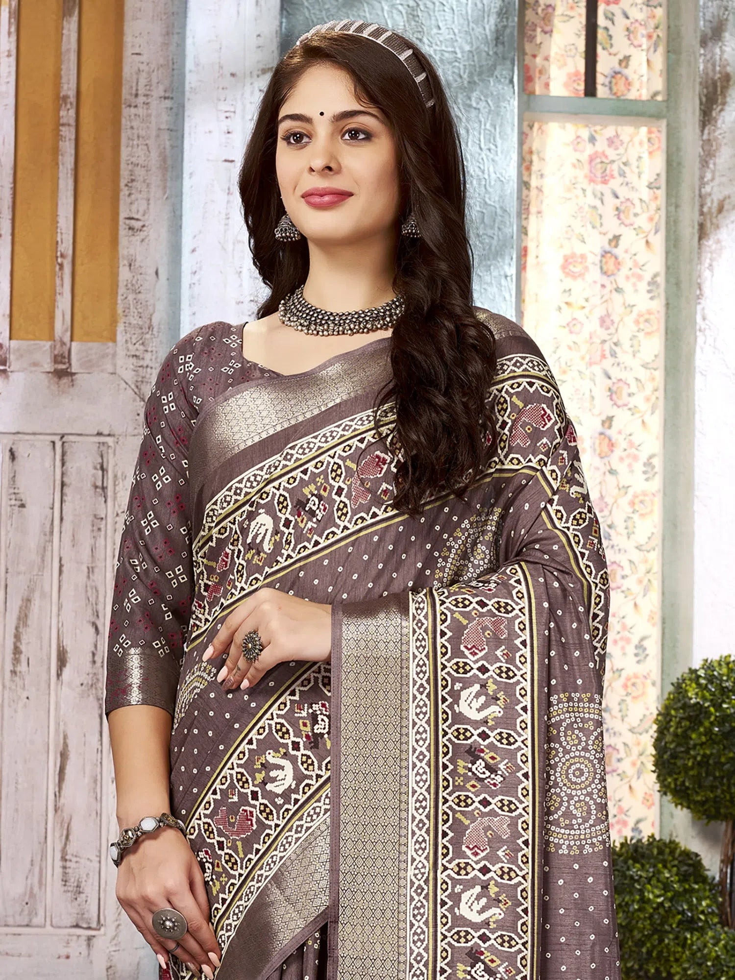 Saree Mall Women's Dola  Brown Woven Design Celebrity Saree With Blouse Piece-JANNAT4002 Elegant Peplum Blouse