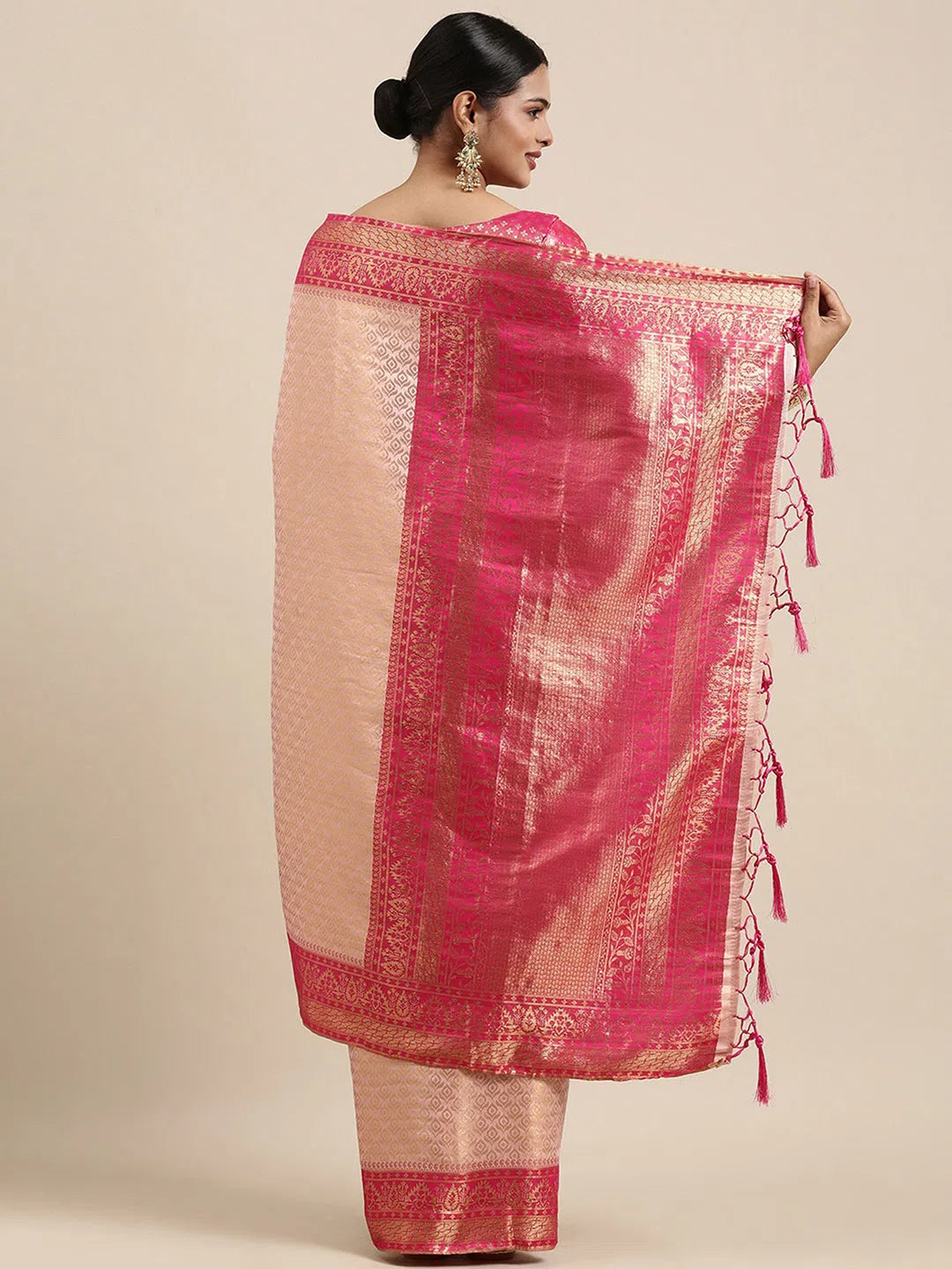Saree Mall Women's  Blend Pink Woven Design Celebrity Saree With Blouse Piece-KLPI199006 Feminine Ruffle Blouse