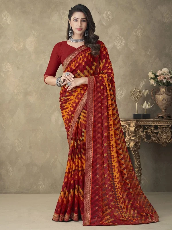 Saree Mall Women's Chiffon Maroon Embellished Designer Saree With Blouse Piece-RUCHI24001A Embellished Collar Blouse