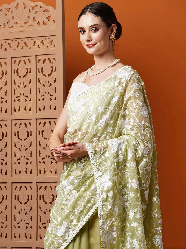 Saree Mall Women's Organza Green Embroidered Designer Saree With Blouse Piece-13KAVI1302 Elegant Embroidery Blouse