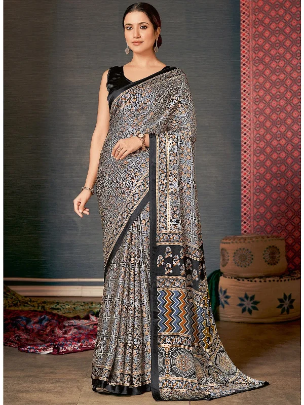 Saree Mall Women's Crepe Grey Digital Print Designer Saree With Blouse Piece-AJRKH309 Floral Print Blouse