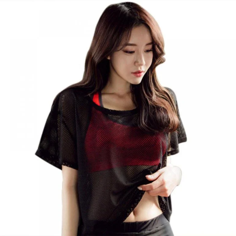 Womens Short Sleeve Mesh Top See Through Sheer Blouse Quick-Drying Sports Top T-shirt S4616260-- Silk Blend Satin Velvet