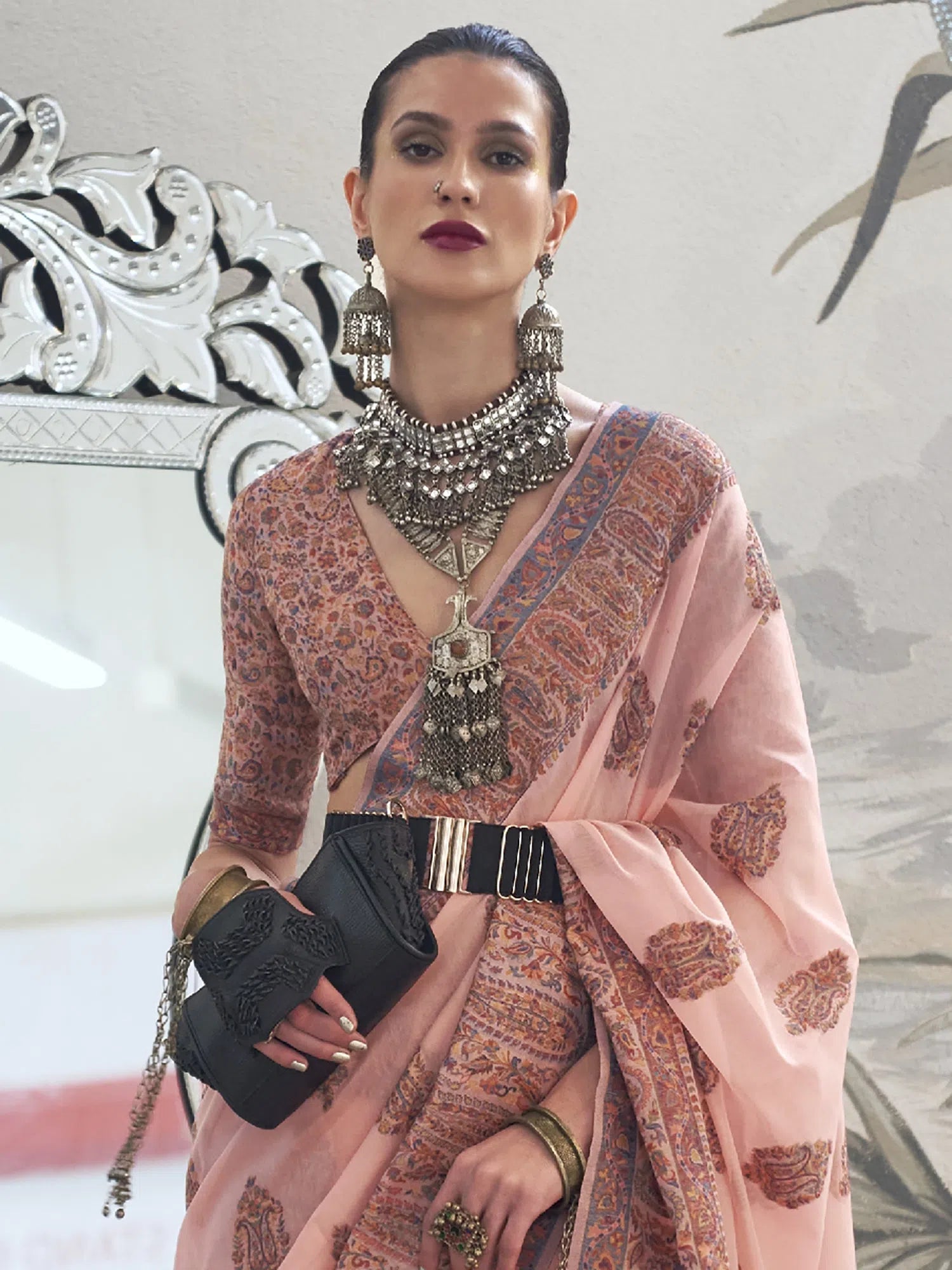 Saree Mall Women's  Blend Peach Woven Design Designer Saree With Blouse Piece-KQALIB328009 Pleated Collar Blouse