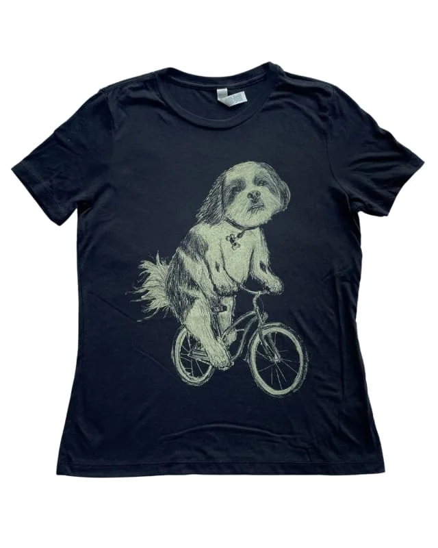 Small Dog on A Bicycle Women's Shirt-- Print Jacquard Patchwork