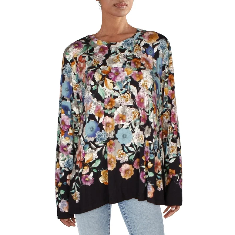Womens Crewneck Long Sleeve Blouse Floral Chiffon Blouse