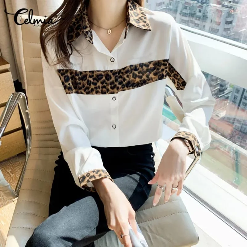 Women's Long Sleeve Leopard Print Patchwork Shirts Formal Party Button Down Top S4521632-- Modern Contemporary Chic