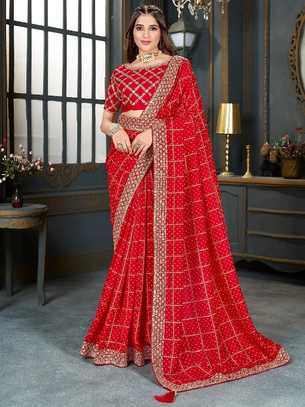 Saree Mall Women's Vichitra  Red Embellished Designer Saree With Blouse Piece-ANGEL1001 Vintage Lace Blouse