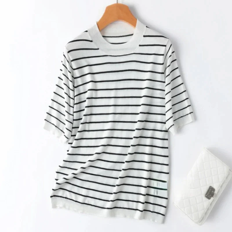 Icy Pathway Stripes Round Neck Mulberrry Silk Cotton Womens Shirt-- Thin T-Shirt Open Front Quick Dry