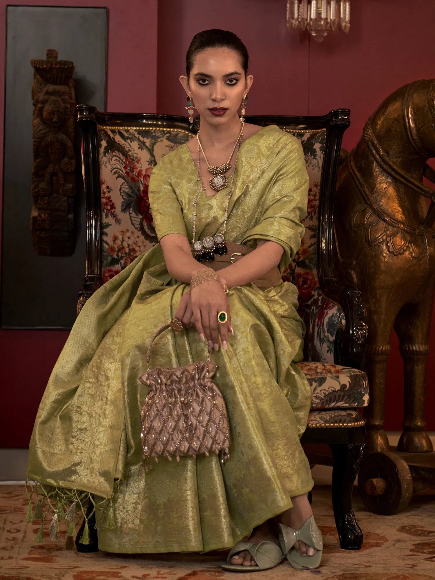Saree Mall Women's  Blend Light Green Woven Design Designer Saree With Blouse Piece-KLKATI327006 Satin Drape Blouse