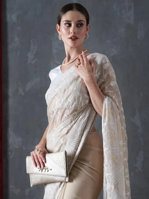 Saree Mall Women's Organza Cream Embellished Designer Saree With Blouse Piece-11KAVI1102 Soft Satin Blouse