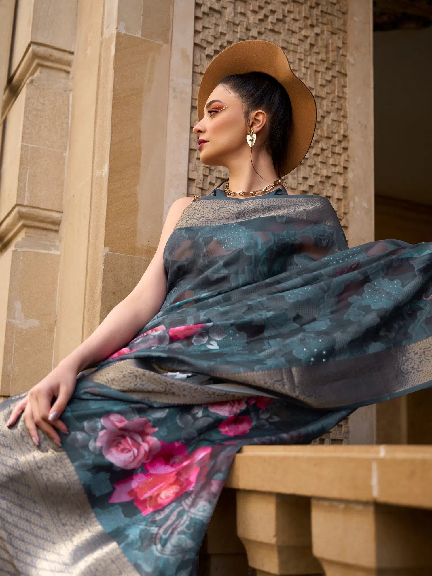 Saree Mall Women's Brasso Charcoal Grey Embellished Designer Saree With Blouse Piece-KINSEL331008 Polished Work Blouse Saree Mall Women's Brasso Charcoal Grey Embellished Designer Saree With Blouse Piece-KINSEL331008 Polished Work Blouse
