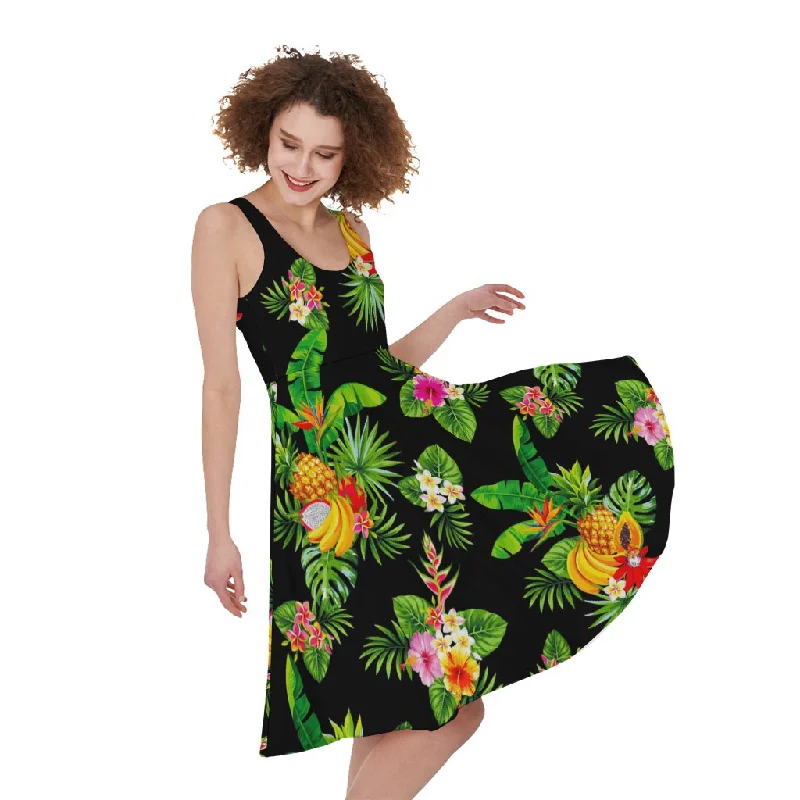 Black Tropical Hawaiian Pattern Print Sleeveless Knee Length Dress Tunics Floral girly
