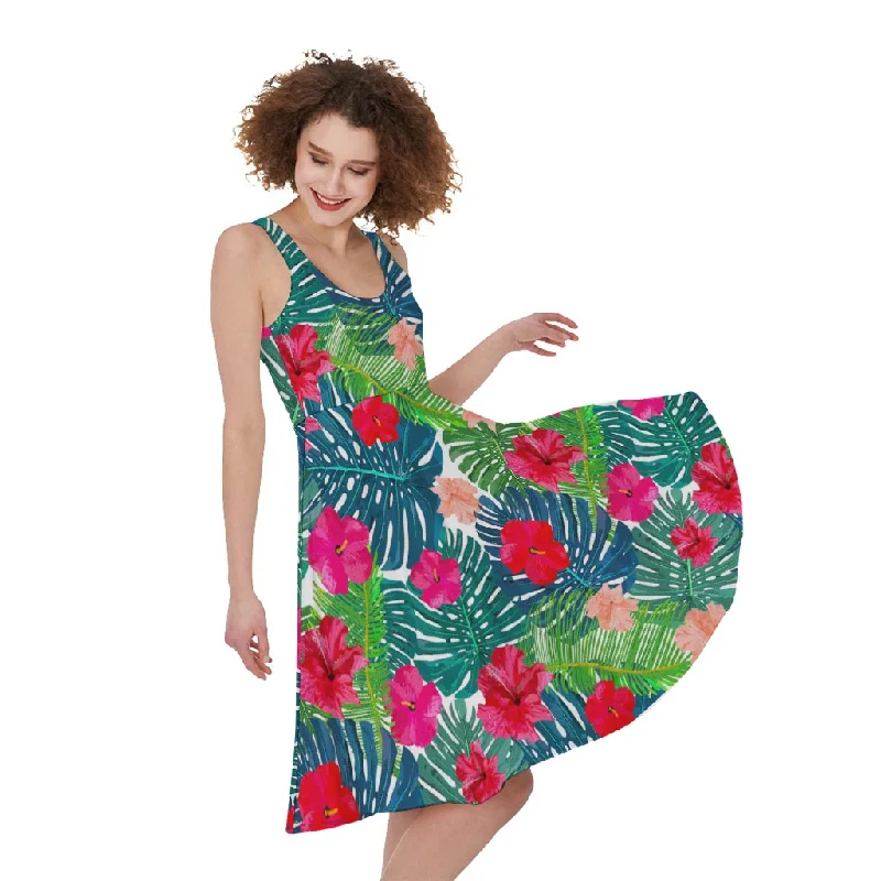 Colorful Hawaii Floral Pattern Print Sleeveless Knee Length Dress Tunics Chic fashionable