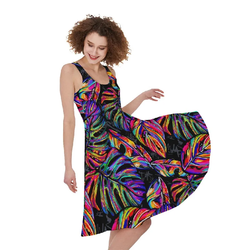 Colorful Leaf Tropical Pattern Print Sleeveless Knee Length Dress Tunics Favorite customer