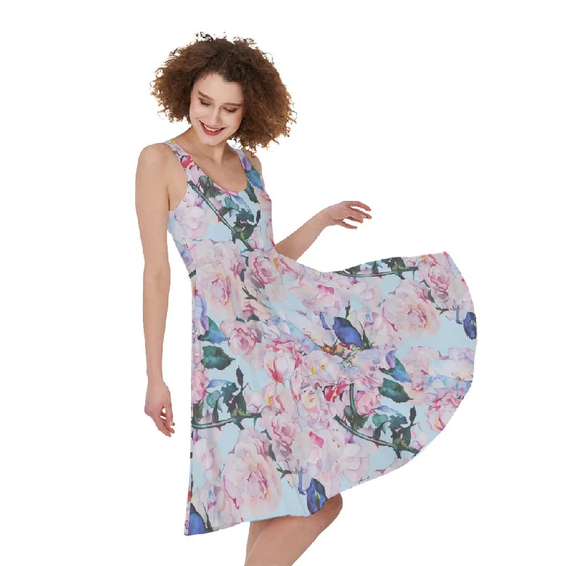 Blossom Floral Flower Pattern Print Sleeveless Knee Length Dress Tunics Versatile functional