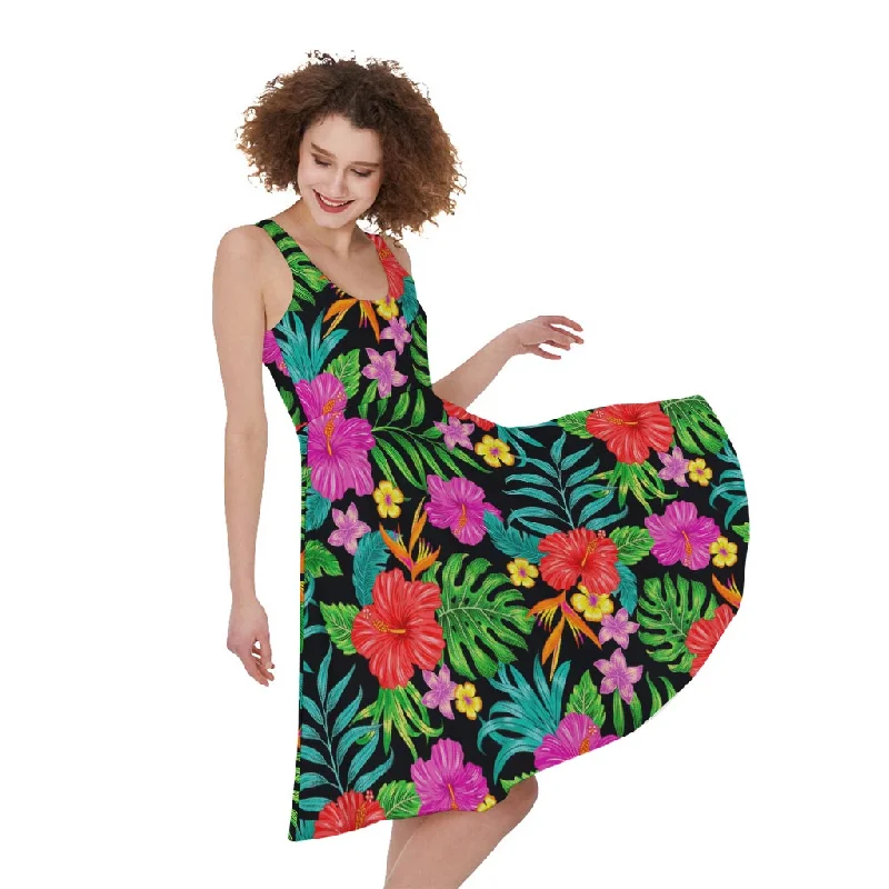 Colorful Hibiscus Flowers Pattern Print Sleeveless Knee Length Dress Tunics Timeless classic