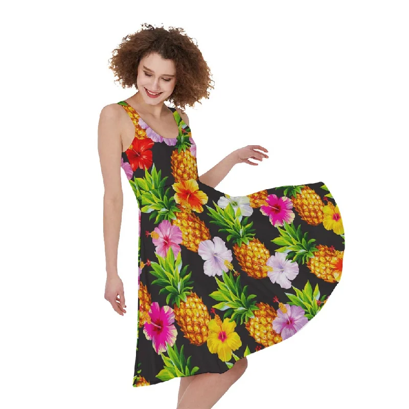 Aloha Hibiscus Pineapple Pattern Print Sleeveless Knee Length Dress Tunics Ceremony elegant
