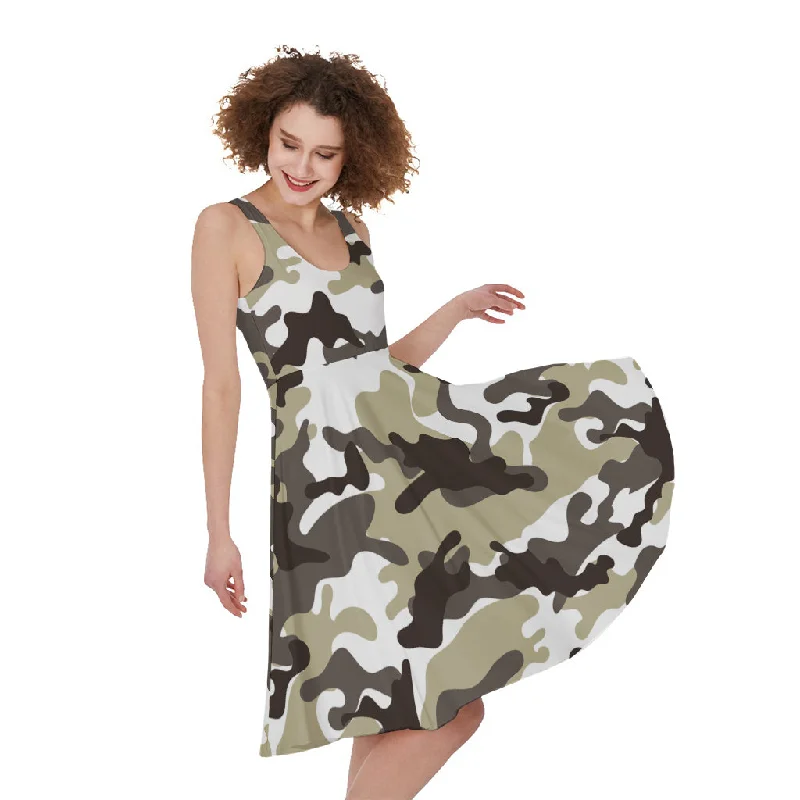 Brown And White Camouflage Print Sleeveless Knee Length Dress Tunics Bestseller popular