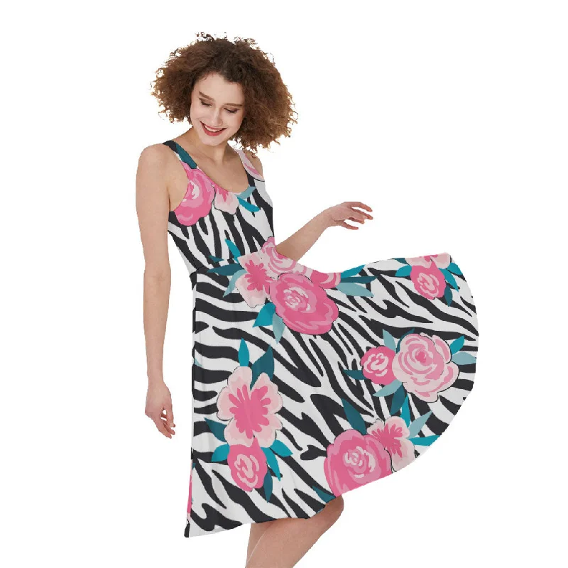 Black White Zebra Floral Pattern Print Sleeveless Knee Length Dress Tunics Stylish elegant