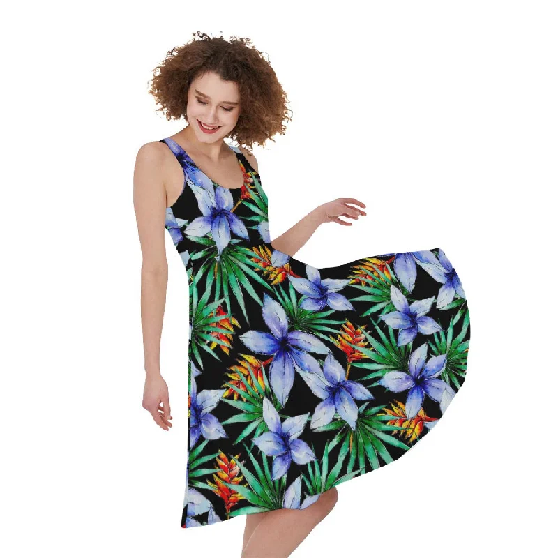 Blue Hawaiian Wildflowers Pattern Print Sleeveless Knee Length Dress Tunics Chinos classic